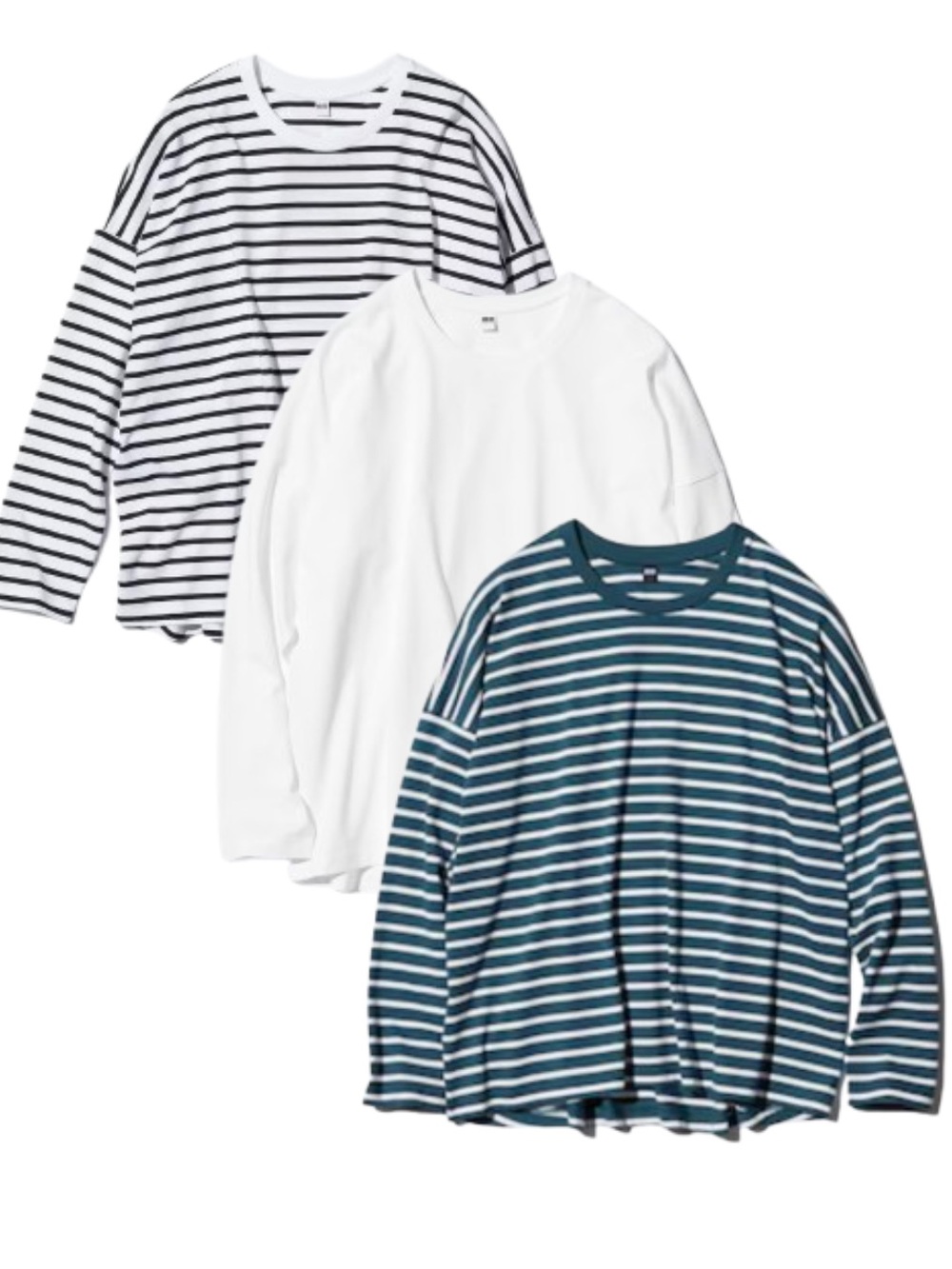 LOT OF 3 Uniqlo Smooth Cotton Oversized Long Sleeve T-Shirts Striped Solid Tops
